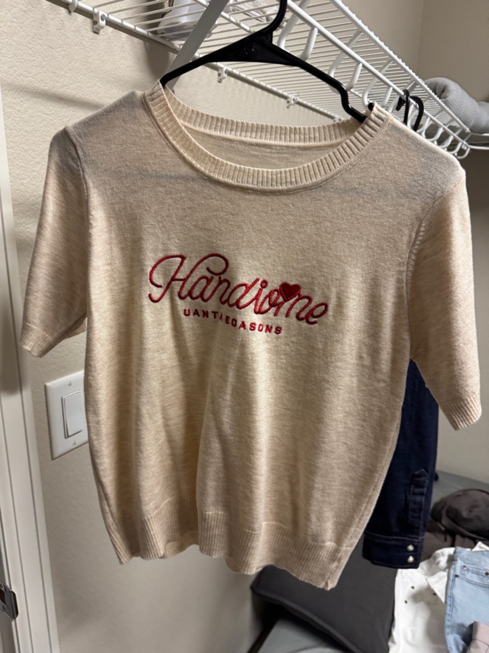 Women's Cream Short-Sleeve Sweater with Red Script Logo [korean brand]